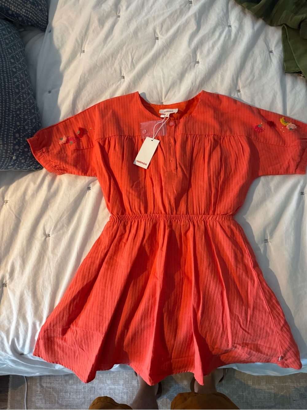Girls' Coral Embroidered Waistline Dress